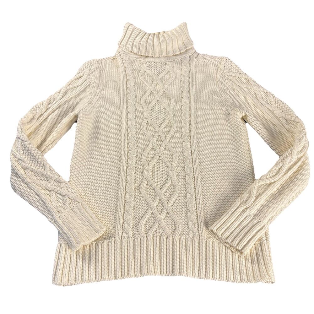 Eddie Bauer Turtleneck Sweater Cotton Blend Cable Knit Ivory Fisherman Petite M